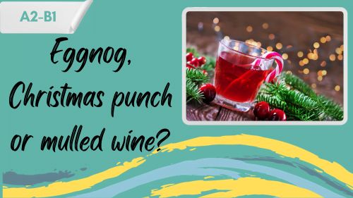 christmas drinks in glass and on a table and a slogan"eggnog, Christmas punch, or mulled wine?"