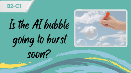 a person about to burst a bubble, and a slogan "It the AI bubbble going to burst soon?"
