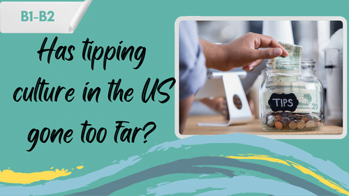 a person leaving a tip in a tipping jar and a slogan - Has tipping culture in the Us gone too far?