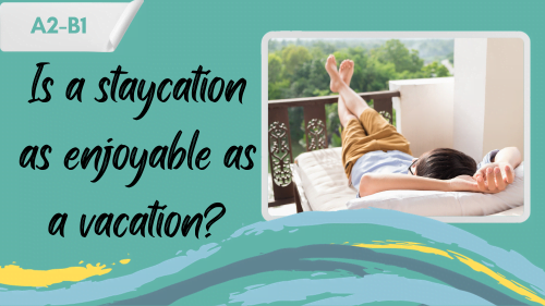 a young man lounging on a bed on a balcony and a slogan - is a staycation as enjoyable as a vacation