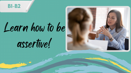 confident business woman, mentor, or a coach, speaking assertively to business people and a slogan - Learn how to be assertive!