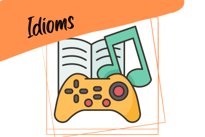 an illustration of different forms of entertainment (listening to music, playing video games, reading) and the word "idioms"