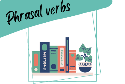 books on a bookshelf and a slogan "phrasal verbs"