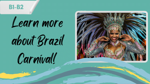an image of a samba dancer at the Rio de Janeiro Carnival,a nd a slogan "learn more about brazil carnival"