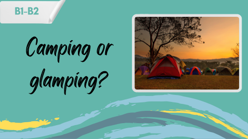 camping-vs-glamping a photo of a campsite and a slogan "camping or glamping?"