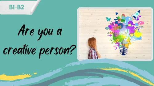 a girl standing next to a light bulb exploding with colours and a slogan - are you a creative person?