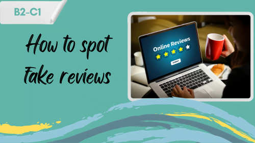 a person leaving a 4-start review an a slogan - how to spot fake reviews