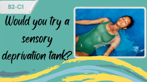 a woman in a sensory deprivation tank doing floatation therapy and a slogan - would you try a sensory deprivation tank?