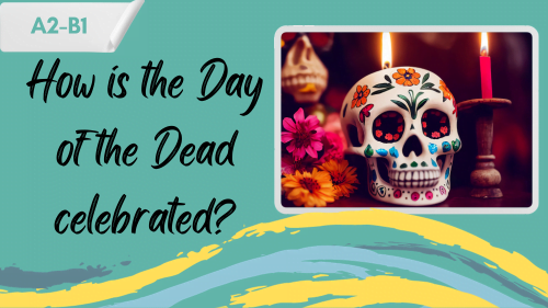 a Day of the Dead sugar skull and a slogan "How is the Day of the Dead celebrated?"