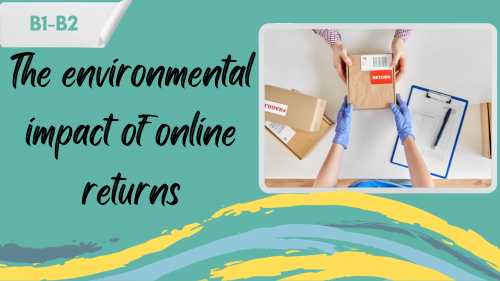customer making return of parcel and worker in protective gloves and a slogan "the environmental impact of online returns"