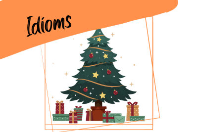 a christmas tree with presents, and the word "idioms"