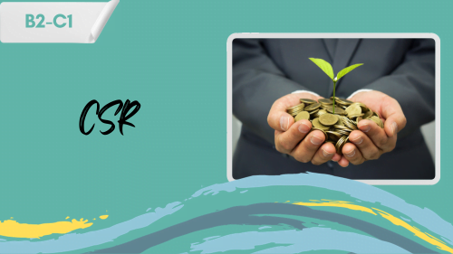 a businessman in a suit holding a pile of coins and a plant sprouting from them, illustrating CSR