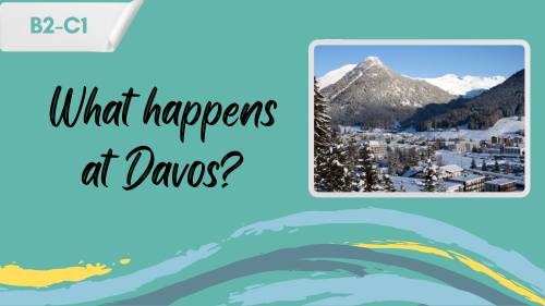 a photo of davos and a slogan "what happens at davos?"