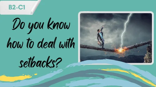 a businessman in a suit walking on a wooden log and a lightning hitting it in the middle, and the slogan "do you know how to deal with setbacks"?