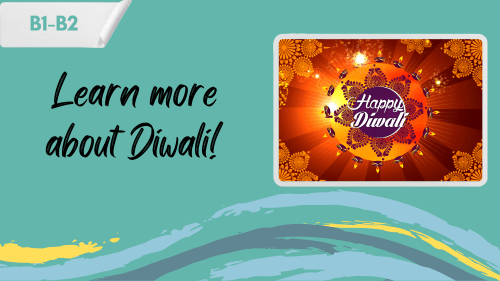 a photo of diwali, and a slogan "learn more about diwali!"