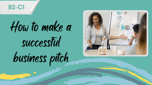 a woman presenting a business pitch and a slogan "how to mkae a successful business pitch"