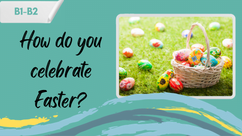 Easter basket with dyed Easter eggs and a slogan - how do you celebrate easter