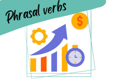 a graph that illustrates increased efficiency, and the slogan "phrasal verbs"