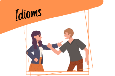 exaggerating a photo of two people agruing and a slogan "idioms"