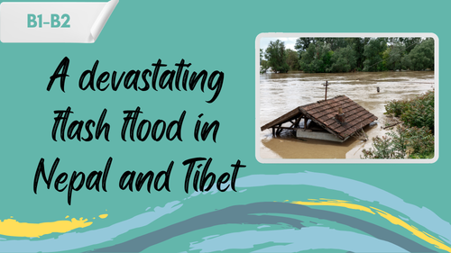 floods a flooded area and a slogan "a devastating flash flood in Nepal and Tibet"