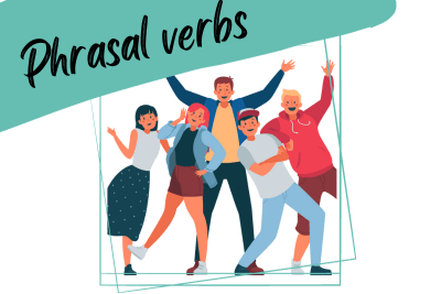 an illustration of 5 friends and a slogan "phrasal verbs"