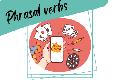 phrasal verbs: gambling illustration of gambling with cards, dices, etc, and a slogan "phrasal verbs"