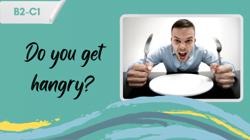 a man is sitting in front of a plate with a knife and a fork in his hands screaming and a slogan - do you get hangry?