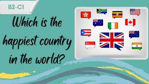 flags of different countries and a slogan - which is the happiest country in the world?