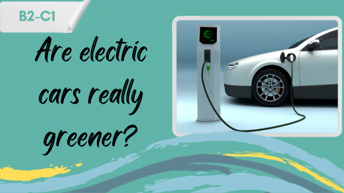 an electric car charging with a slogan - are electric cards really greener?