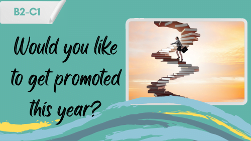 a business woman holding a suitcase and climbing up a ladder made of books, illlustrating career advancement, and a slogan "would you like to get promoted this year?"