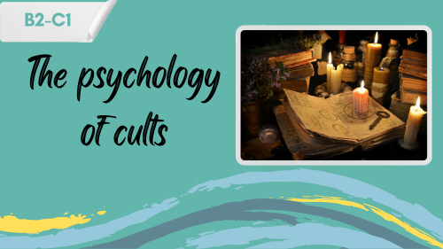 a depiciton of a ritual, and a slogan "the psychology of cults"