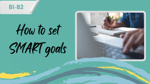 a person with a notepad and a laptop and a slogan - how to set smart goals