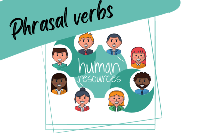 illustration of people working in human resrouces and a slogan "phrasal verbs"
