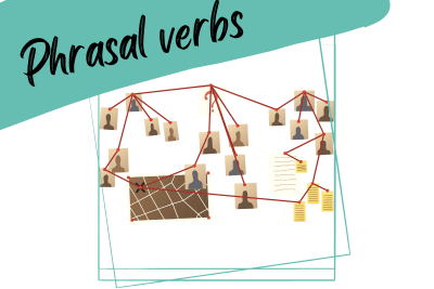 a map with suspects and clues, and a slogan "phrasal verbs"