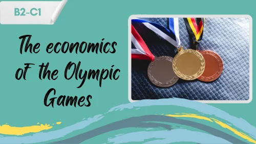 a photo of the olympic medals and a slogan "the economics of the olympic games"