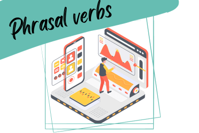 a person on a laptop with different graphs, illustrating performance, and a slogan"phrasal verbs"