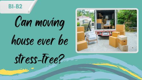 moving house a moving van and boxes and a slogan"can moving house ever be stress-free?"