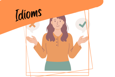 an illustration of a person expressing an opinion, and a slogan "idioms"