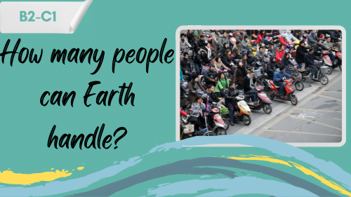 a crowd of people on motorbikes waiting to cross a road in a megacity, and a slogan "how many people can Earth handle"?