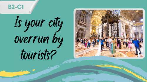 a church full of tourist and a slogan "is your city overrun by tourists?"