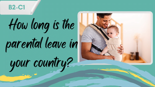 a father holding his baby in a baby carrier, and a slogan "how long is the paternity leave in your country?"