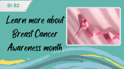 pink october a photo of a pink ribbon and a slogan "learn more about Breast Cancer Awareness Month"