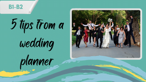 a wedding photo of the bride, the groom, and guests with a slogan - 5 tips from a wedding planeer