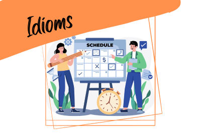 idioms planning-and-improvising an illustration of people scheduling, and a slogan "idioms"