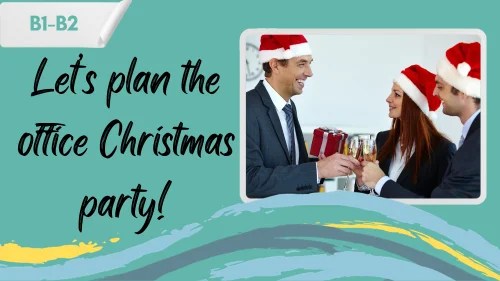 Colleagues at an office Christmas party drinking champagne and a slogan - let's plan the office christmas party!