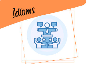 Idioms: power and authority illustration of a politician speaking in front of a crown and a slogan "idiom"