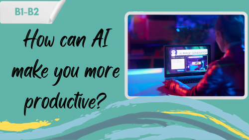 seen from behind woman using text to image AI generator with a slogan - how can AI make you more productive?