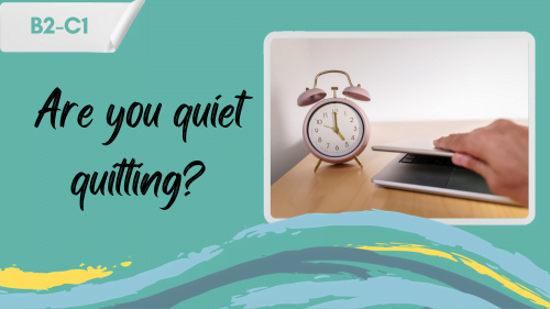 a person closing his laptop when the clock shows 5 o'clock and a slogan - are you quiet quitting?