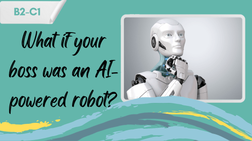 a homanoid robot in a thoughtful pose and a slogan - what id your boss was an ai-powered robot