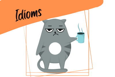 Idioms: sarcasm and irony grumpy cat with a cup of coffee and a slogan "sarcasm"